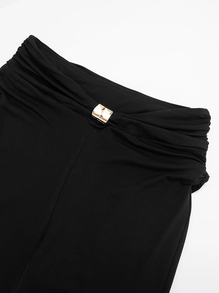 Autumn Ruched 2 Piece Set Women Metal Buckle Sexy V-Neck Full Sleeve Crop Tops+High waist Split Pant Basic Streetwear