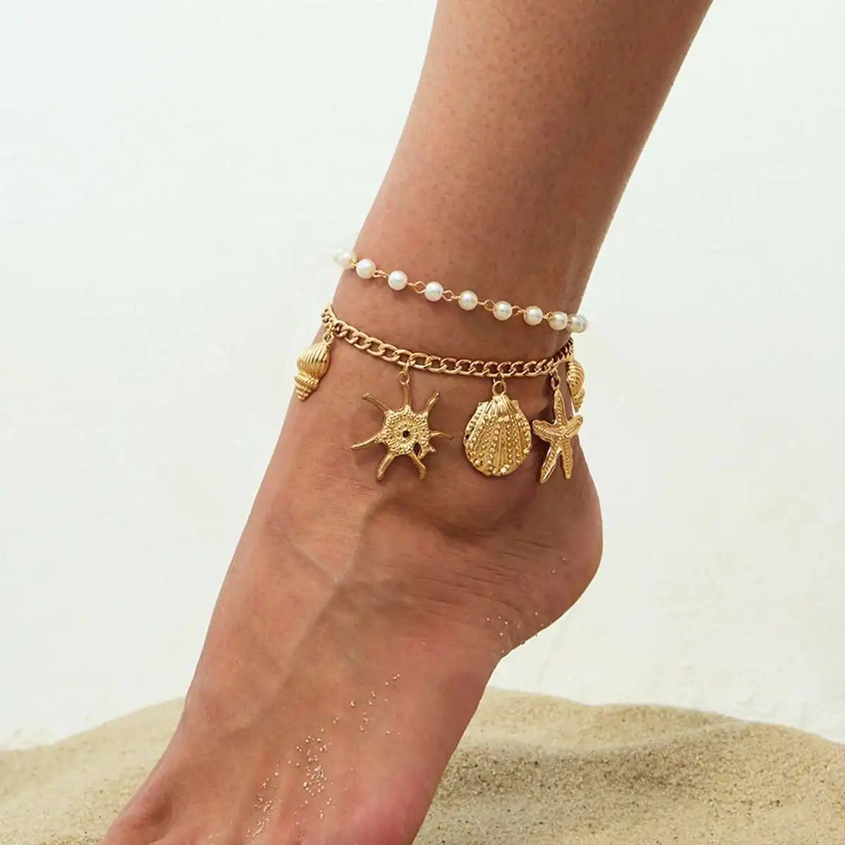2Pcs/Set Summer Beach Barefoot Charm Anklets Women Bohemia Imitation Pearl Starfish Conch Pendant Foot Chain Jewelry
