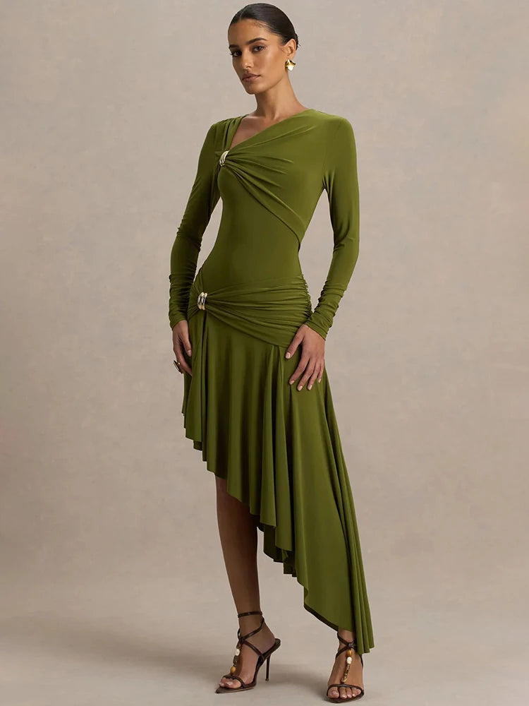 Irregular Long Sleeve Sexy Maxi Dress Women Gown Elegant Diagonal Collar Split Ruffle Ruched Club Party Long Dresses