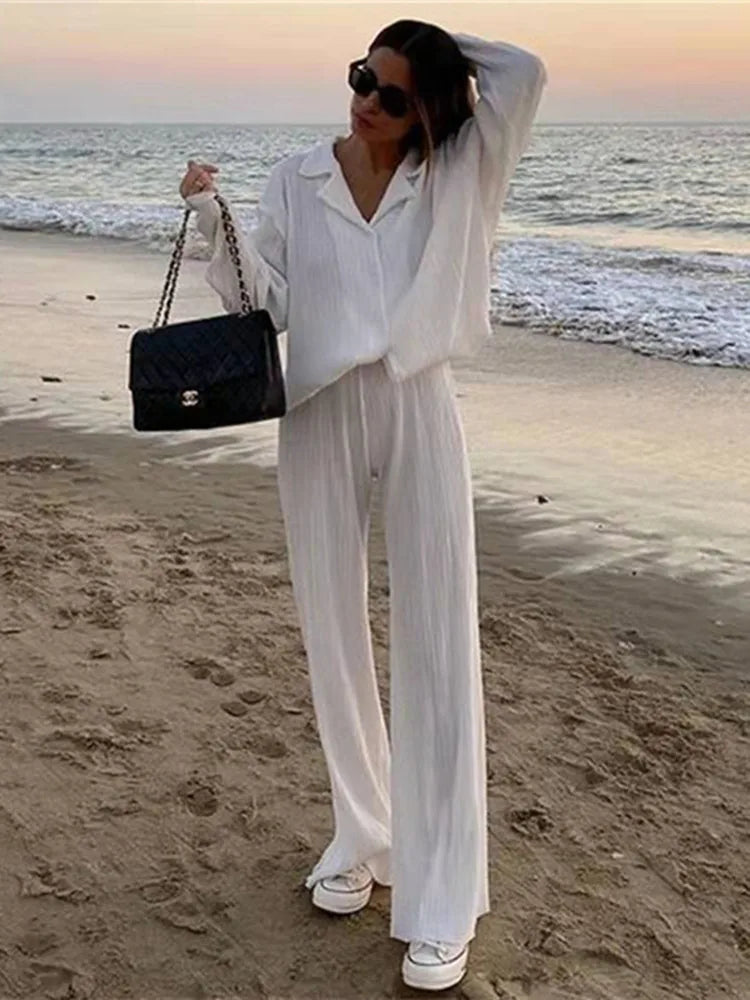 Pleated Loungewear Set Woman 2 Pieces Summer Long Sleeve Button Shirt Trousers Casual Women's Workout Clothing Outfits