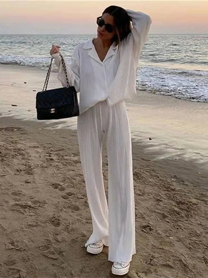 Pleated Loungewear Set Woman 2 Pieces Summer Long Sleeve Button Shirt Trousers Casual Women's Workout Clothing Outfits