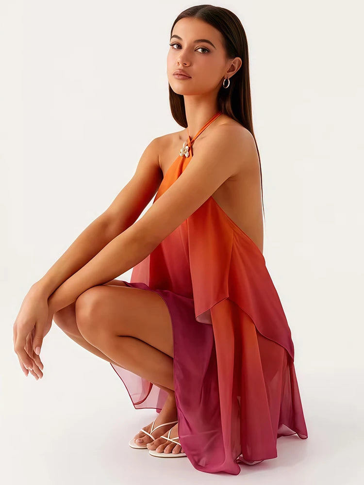 Gradient Halter Backless Sexy Mini Dress Women Gown Elegant Mesh Zipper Off-shoulder Sleeveless Club Party Dresses