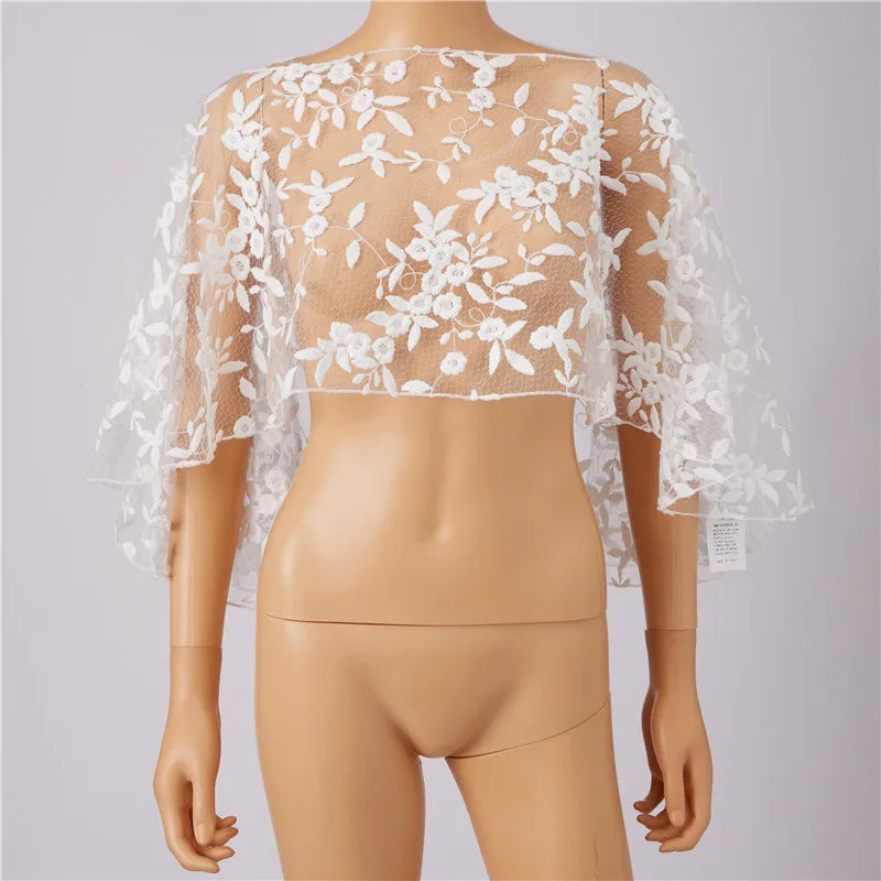 Women Floral Lace Tulle Cape Short Wedding Shawl Bell Sleeve Sheer Mesh Bolero Cover Up Bridal Evening Party Prom Shrug