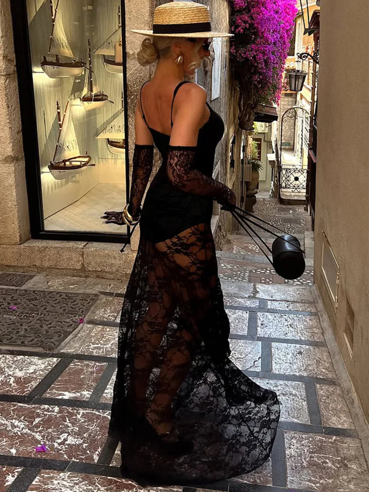 Women Mesh Lace Sexy Maxi Dress Sleeveless See‑Through Long Dress With Lace Gloves Evening Party Club Bodycon Dresses