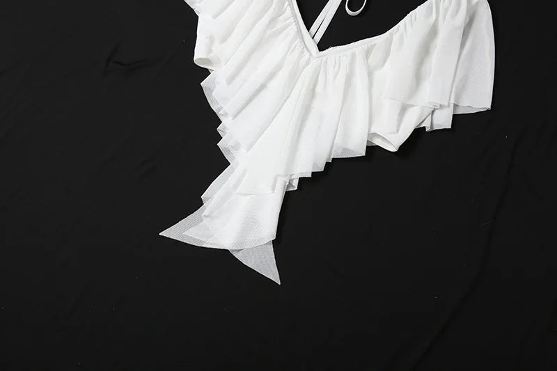 White Two Piece Set Woman Party Dress Suits Ruffle Crop Top Maxi Skirt Elegant Sexy Vacation Outfits Summer