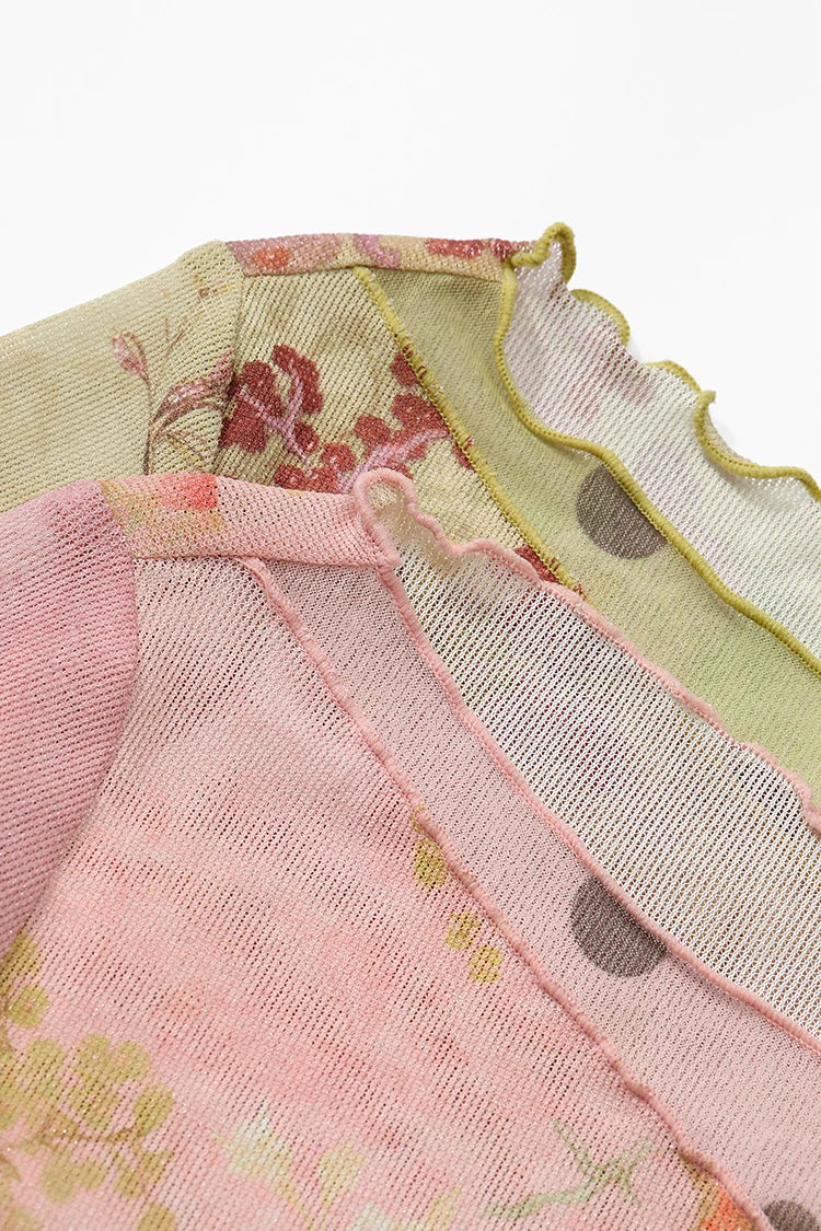Women's Oriental Asymmetrical T-shirt with Floral Polka Dot Print, Lightweight Long Sleeve Patchwork Tee for Summer