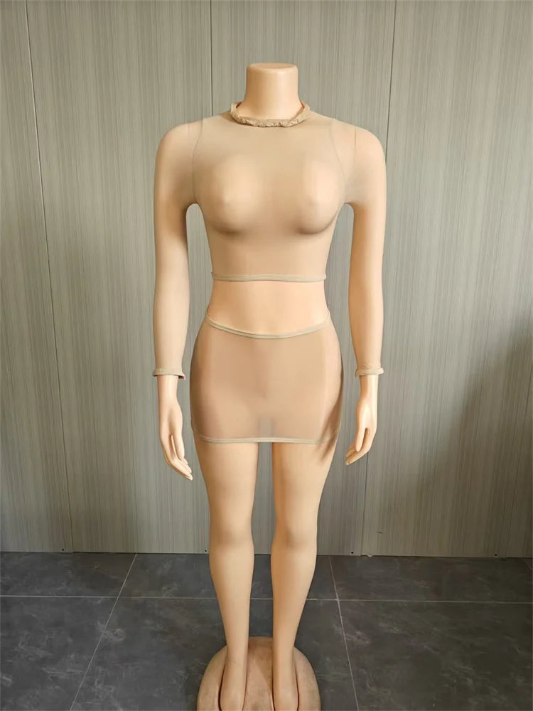 See Through 2-Piece Set Women o-Neck Full Sleeve Crop Tops+Elastic Waist Simple Skirt Slim Sexy Midnight Hottie Suit