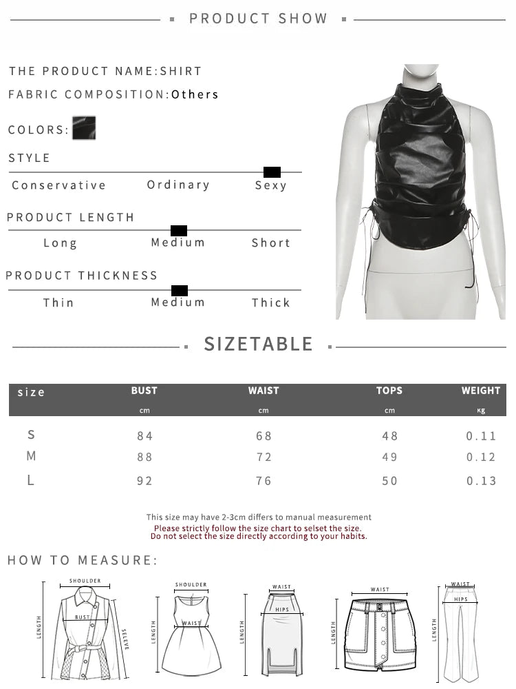 Folds PU Tank Tops Women Y2K Faux Leather Sleeveless Bandage Backless Halter Hip Hop Style Hottie Sexy Midnight Tops