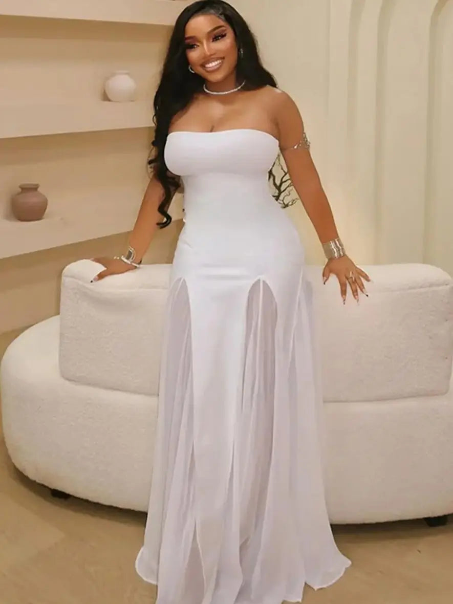 Elegant Strapless Dress Women Solid Y2K Patchwork Mesh Hem Birthday Party Evening Banquet Sexy Vacation Chic Bodycon