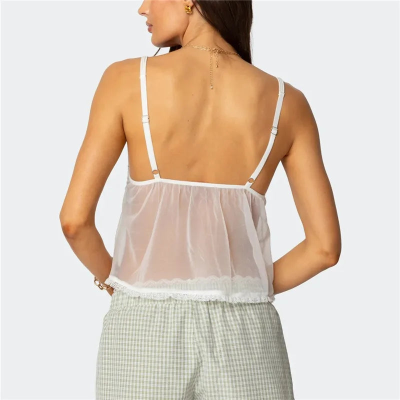 Women's Summer Babydoll Crop Tops Sexy Ladies Sleeveless Spaghetti Strap Sheer Camisole Cami Tank Tops Party Clubwear
