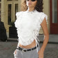 Women Lace Trim Tank Tops Patchwork Mock Neck Side Tie-up Sleeveless Layered Shirts Stylish Summer Streetwear