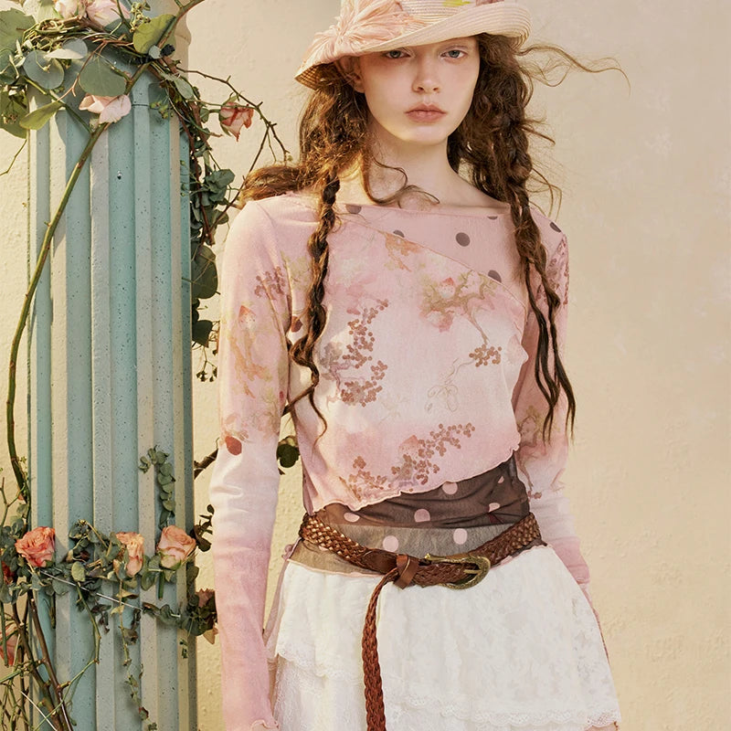 Women's Oriental Asymmetrical T-shirt with Floral Polka Dot Print, Lightweight Long Sleeve Patchwork Tee for Summer