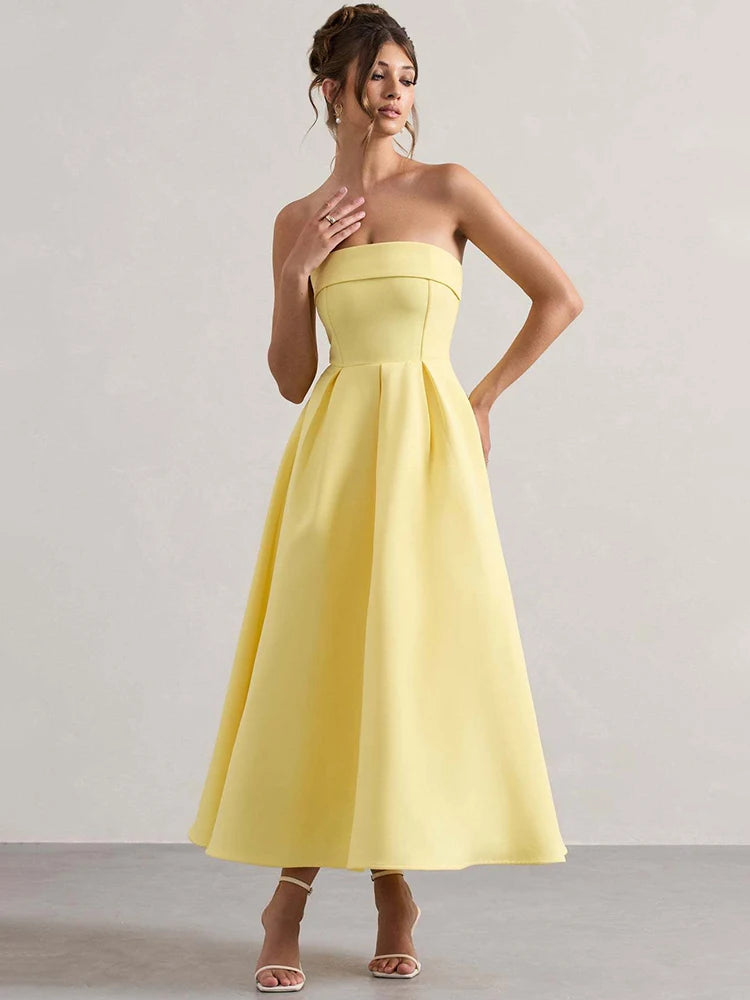 Off-shoulder Strapless Sexy Midi Dress Women Fashion Elegant Sleeveless Backless High Waist A-line Club Party Dress New