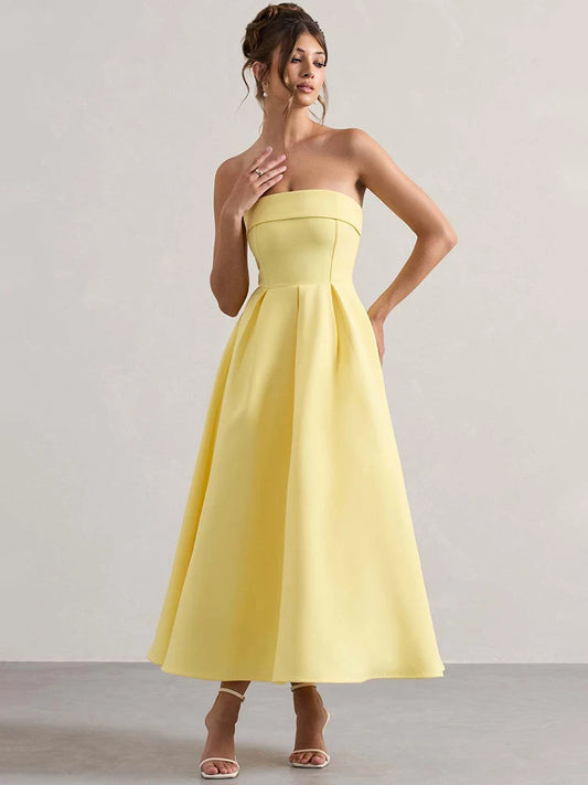 Off-shoulder Strapless Sexy Midi Dress Women Fashion Elegant Sleeveless Backless High Waist A-line Club Party Dress New