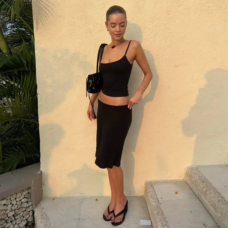 Woman Clothing 2 Pieces Set Camisole Top and Midi Skirt Matching Sets Basic Casual Black Outfit
