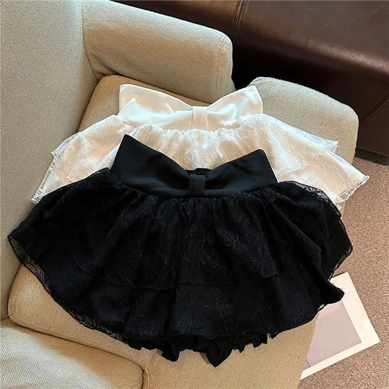 Balletcore Sweet Lace Layered Skort Ladies Large Bow Waist Ruffled Mini Skirt Built In Shorts Y2K Kawaii Going Out Skirt