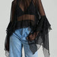 High Street Solid Color Ruffled Long Sleeve Loose Elegant Ladies Tops Shirt Women Sheer Chiffon Blouse Y2K Streetwear