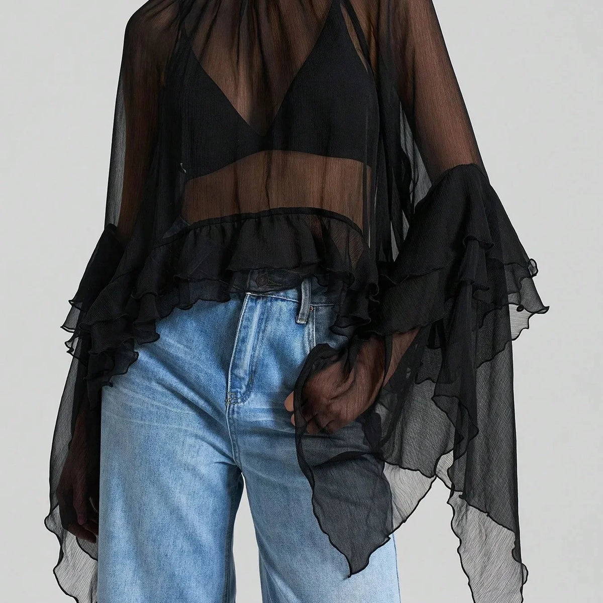 High Street Solid Color Ruffled Long Sleeve Loose Elegant Ladies Tops Shirt Women Sheer Chiffon Blouse Y2K Streetwear