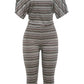 Stripes Print 2 Piece Set Women Trend Slash Neck Half Sleeve Crop T-Shirt+Capri Pants Casuals Chic Street Sport Suits