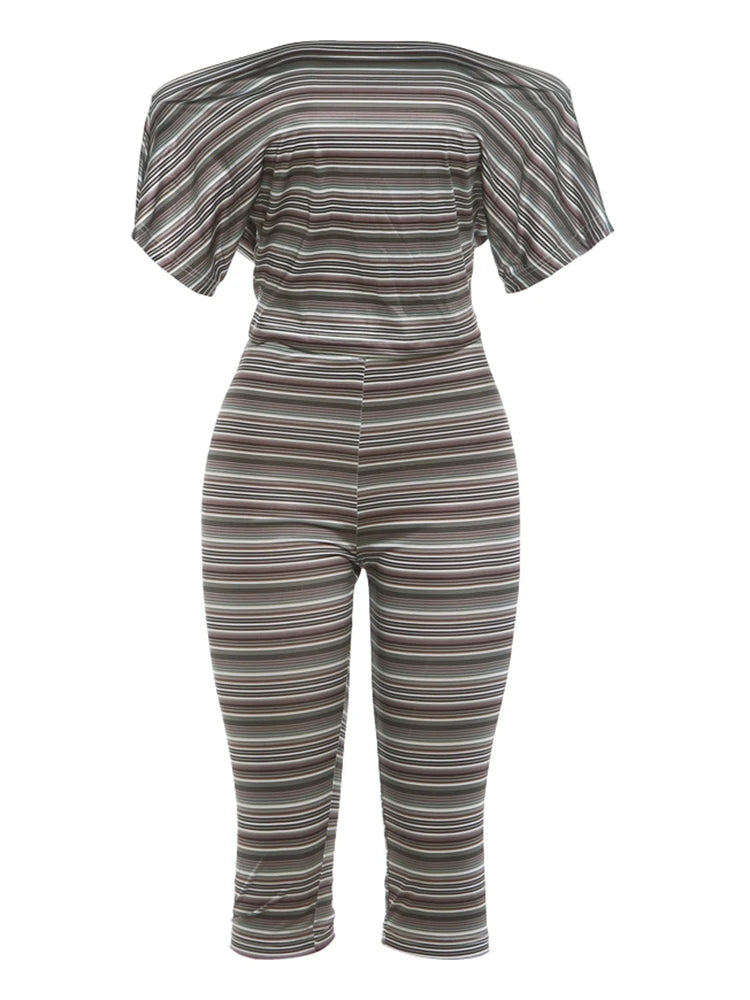Stripes Print 2 Piece Set Women Trend Slash Neck Half Sleeve Crop T-Shirt+Capri Pants Casuals Chic Street Sport Suits