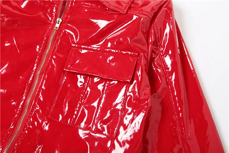 Patent Leather 2-Piece Set Women Zipper Jacket+Short Sleeve Slim Bodysuit Hip Hop Style Fashion Sexy Midnight Hottie Suit