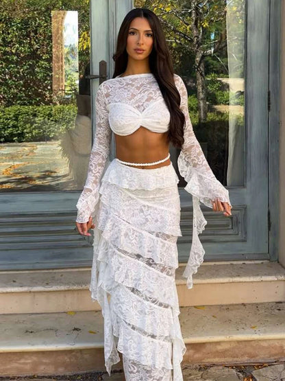 Sexy Jacquard 2 Piece Set Women Patchwork Crop Tops+Tierred Plait High Waist Skirts Matching Midnight Prom Party Clubwear