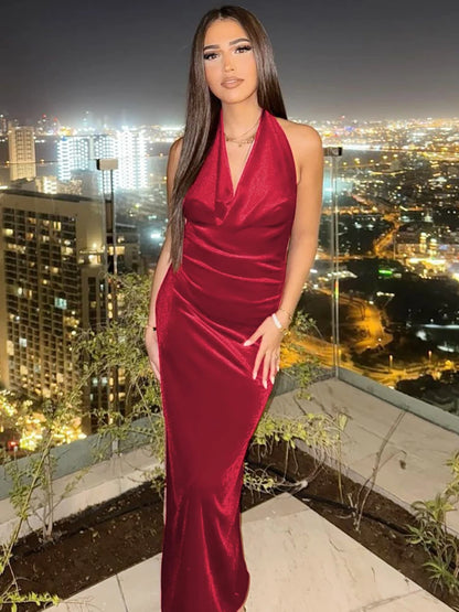 Halter Neck Backless Long Dress Party Night Elegant Velvet Red Black Dresses Woman Luxury High Quality