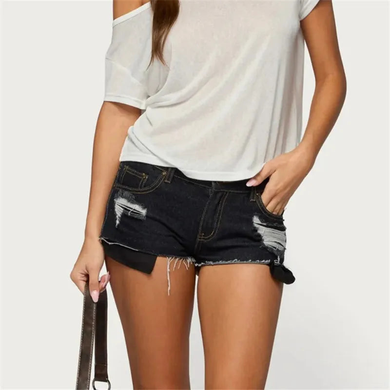 Womens Low Waist Distressed Denim Shorts Frayed Raw Hem Ripped Jeans Shorts with Inner Layer Casual Streetwear Hot Pants