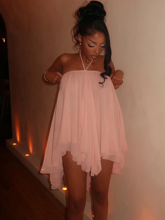Halter Loose Dress Women Y2K Summer Sleeveless Backless Tiered Lrregular Hem Beach Vacation Sexy Trend Party Bodycon