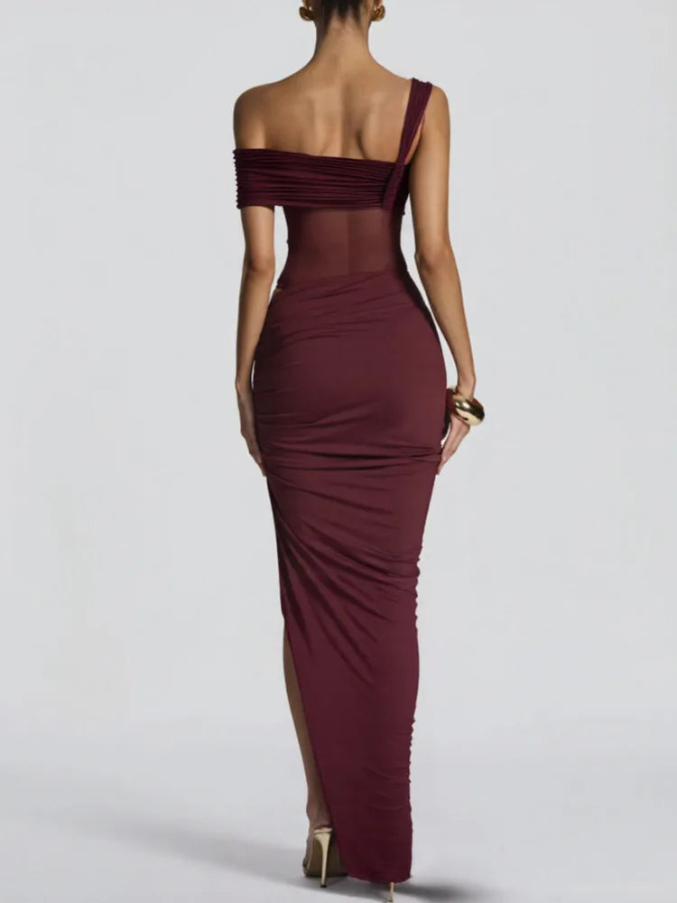 One Shoulder Backless Sexy Maxi Dress Women Elegant Strapless Sleeveless Thigh High Split Club Party Long Dress Female