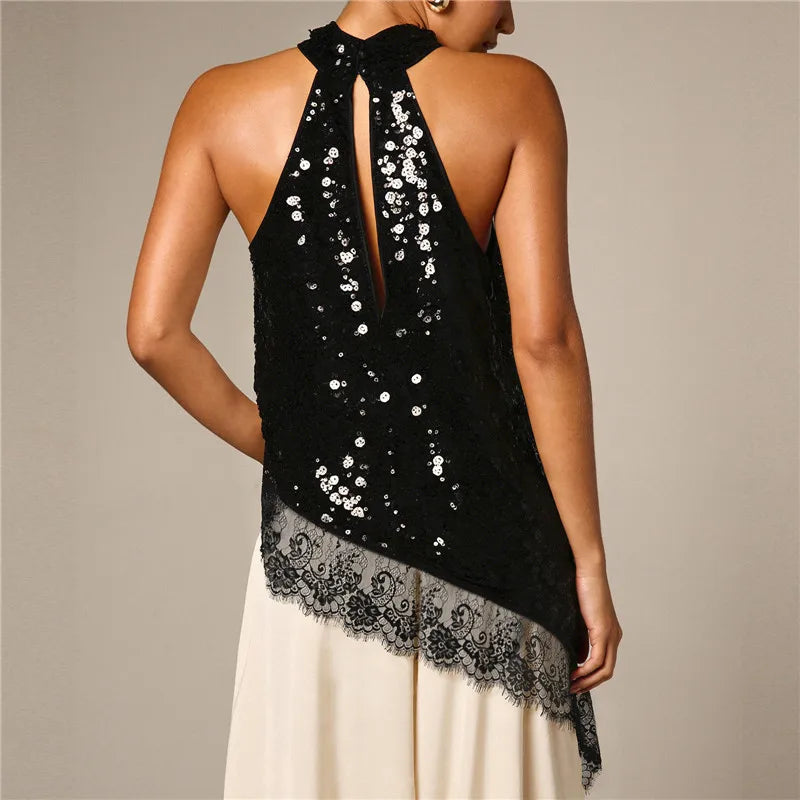 Women Halter Neck Sequin Lace Tank Top Sleeveless Asymmetrical Hanky Hem Back Keyhole Cutout Party Club Blouse Tops