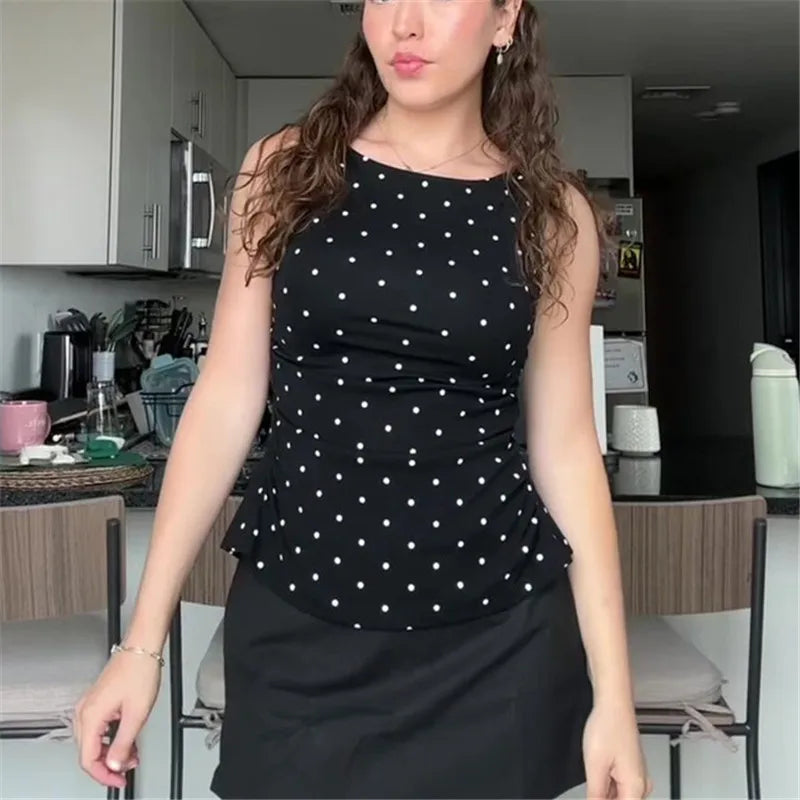 Women's Y2K Polka Dot Sleeveless Tank Top Boat Neck Ruched Side Back Tie Knot Cropped Blouse Casual Summer Streetwear