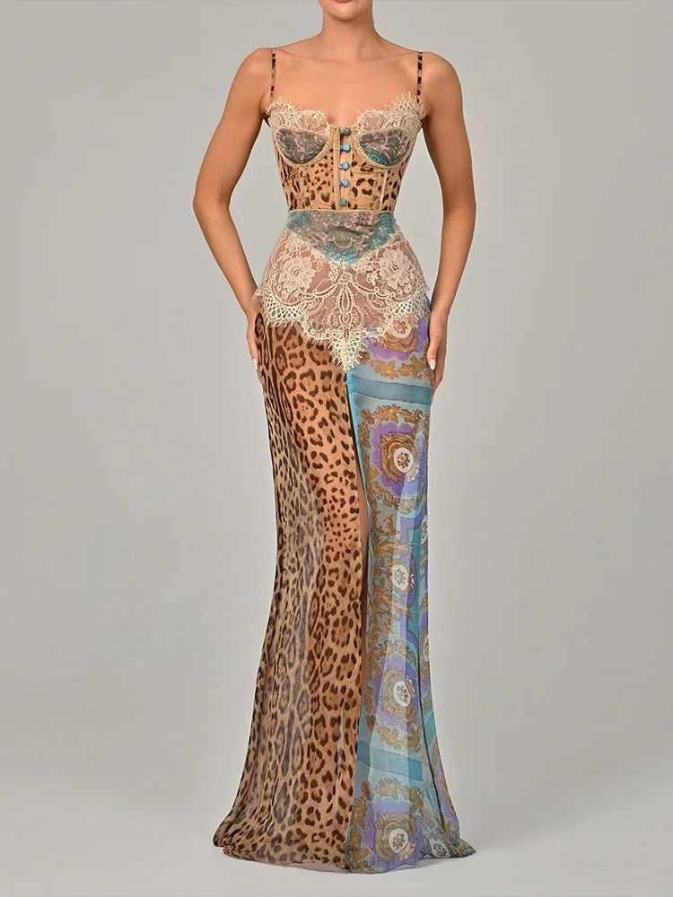 See Through Leopard Print Chiffon Maxi Dresses Woman 2025 Elegant Summer Sleeveless High Split Long Dress