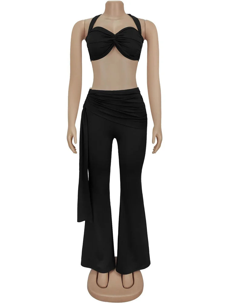 Sexy Chic 2 Piece Set Women Summer Halter Backless Knot Camisole+Metal Ruched Ribbon Flare Pants Matching Outfits