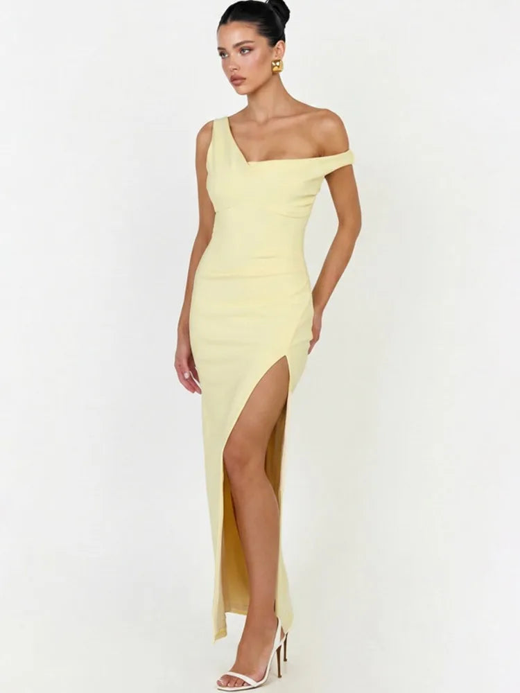 Asymmetric One Shoulder Sexy Maxi Dress Women Elegant Diagonal Collar Sleeveless Backless Cocktail Evening Party Dress