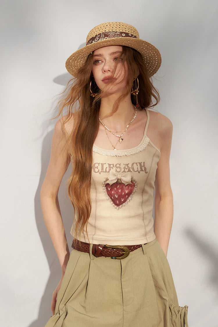 Strawberry Print Gothic Camisole, Lace Trim Adjustable Strap Cami, Sweet Cool Street Casual Top for Women