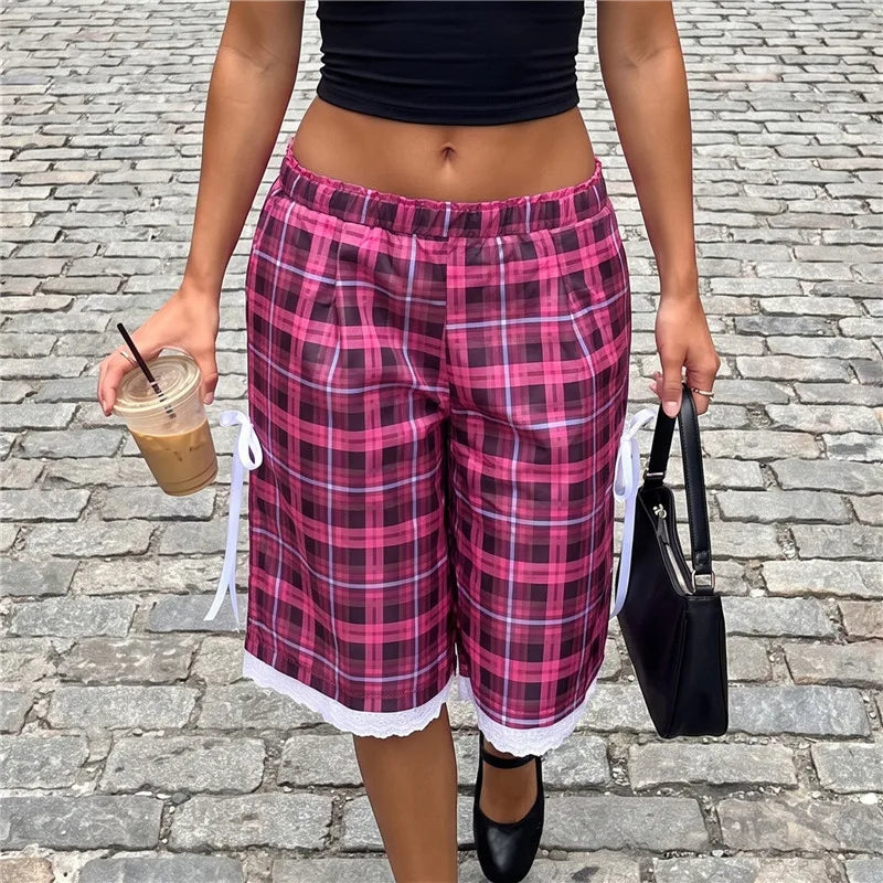 Women Bermuda Shorts Camo Plaid Print Elastic Waist Lace Trim Bow Decor Loose Baggy Knee Length Casual Street Shorts