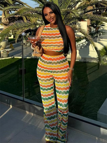 Crochet Stripe 2 Piece Set Women o-Neck Sleeveless Crop Tops+Straight Pants Street Fashion Y2K Style Elegant Outfits