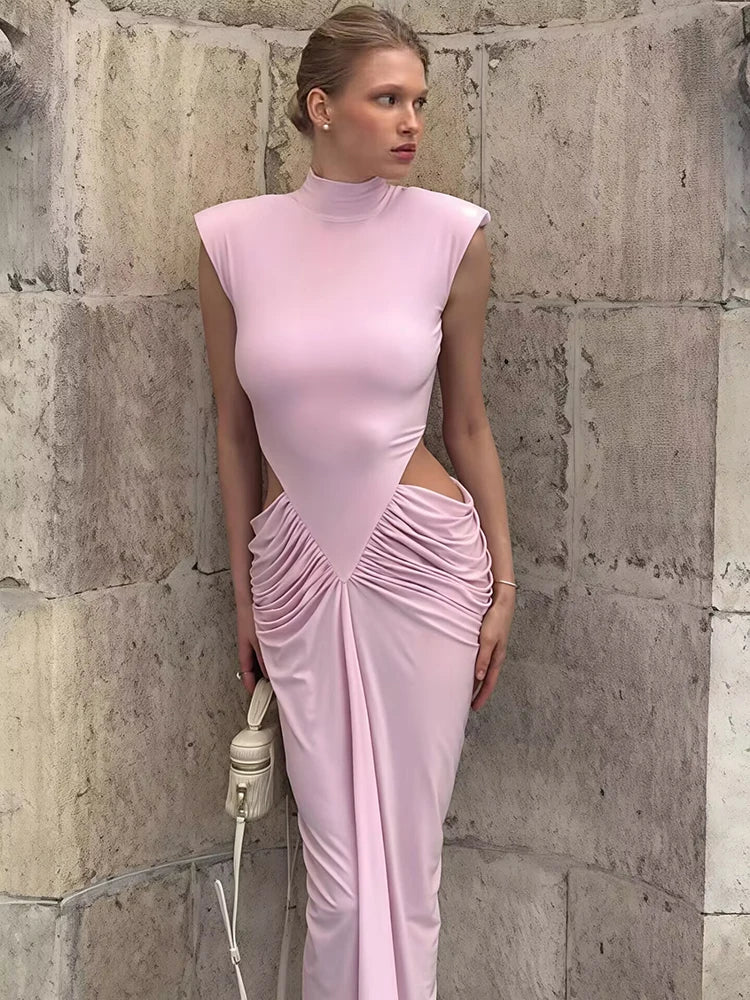 Pink Cutout Maxi Dress Women Summer Elegant High Neck Sleeveless Ruched Waist Bodycon Club Party Evening Long Dresses