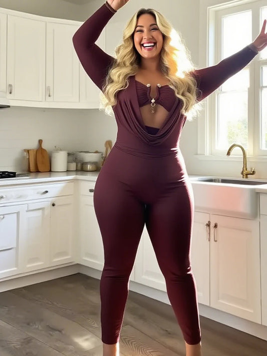 Sexy Jumpsuits Women Metal Decoration Swing Collar Long Sleeve Slim Peach Hip Midnight Street Clubwear Party Overalls