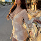 Sexy Shirring Backless Knit Dress Women Fashion Simple 3D Applique See Through Puff Sleeve Trend Party Club Bodycon