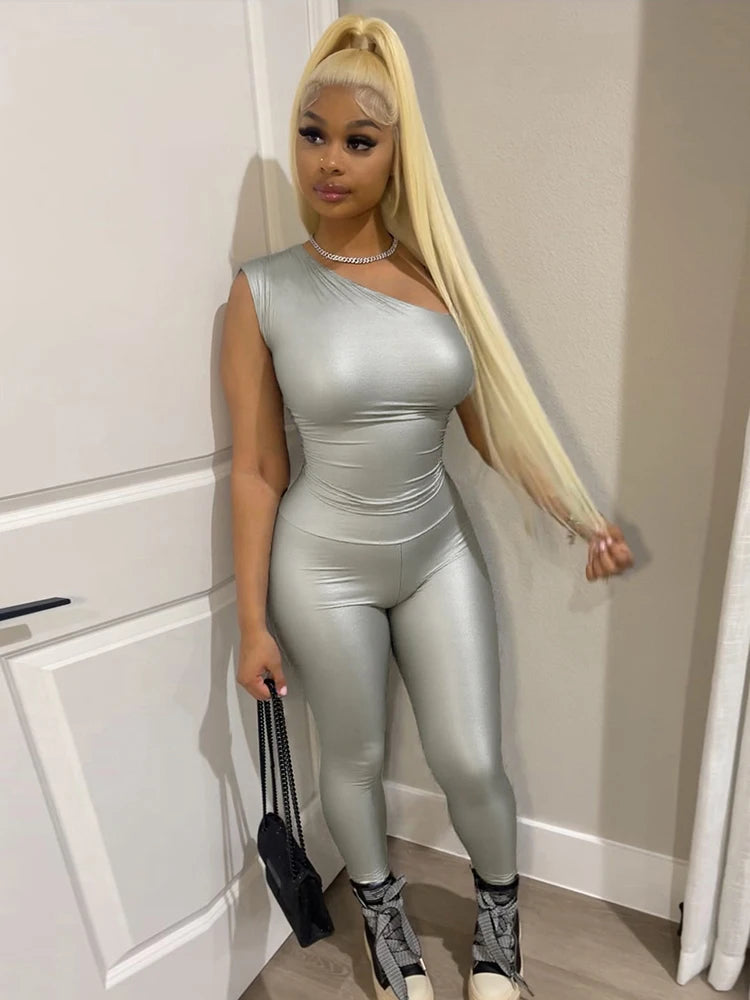 Casual Women 2 Piece Set Sporty Tracksuit Tight One shoulder Tank Tops+Leggings sporty Matching Streetwear Outfits