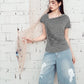 Cowl Neck Ruched Fitted T-Shirt, Draped Front Short Sleeve Top
