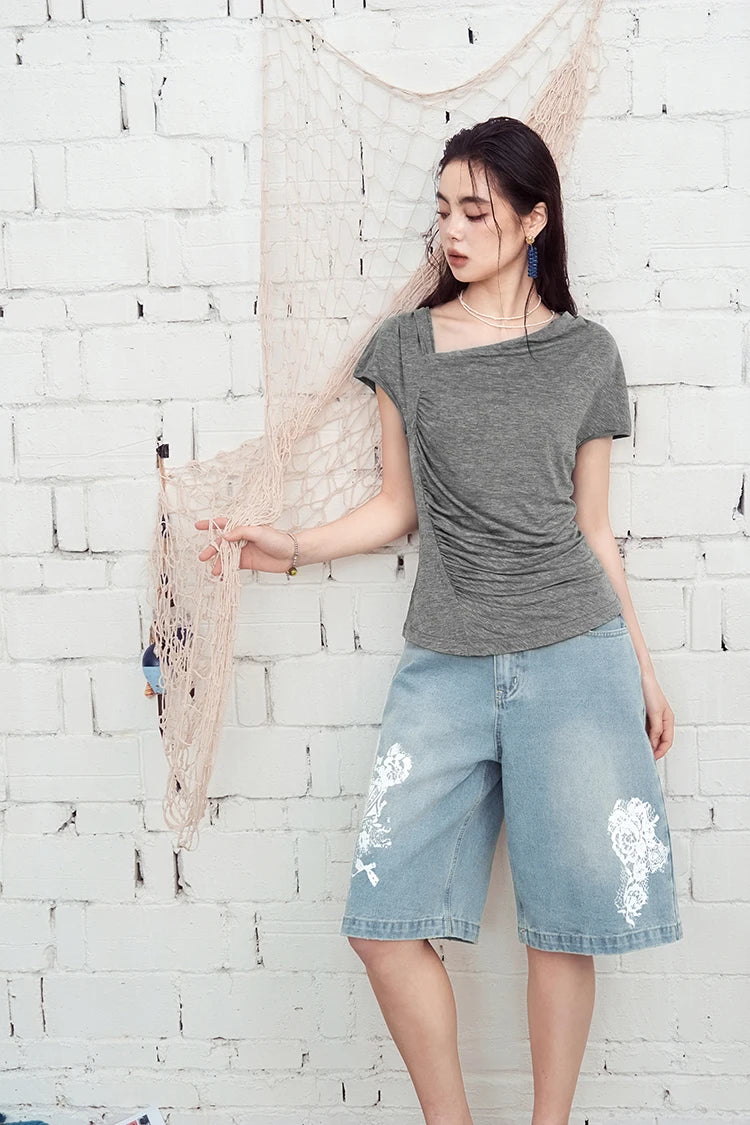 Cowl Neck Ruched Fitted T-Shirt, Draped Front Short Sleeve Top