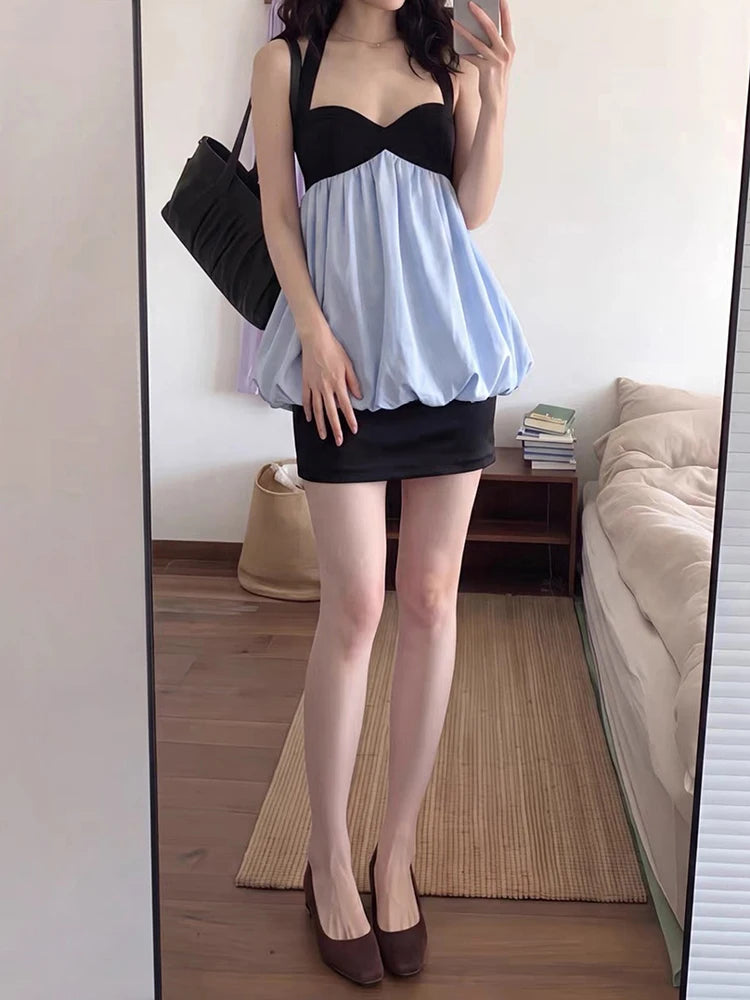Patchwork Dress Women Halter Sleeveless Backless Folds Sweet Style Summer New Trend Street Commute Daily Mini Bodycon