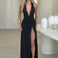 Halter Deep V Neck Backless Maxi Dress For Women Fashion Solid Sleeveless Thigh High Split Sexy Long Dress Elegant