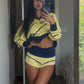 Sporty Stripes 2 Piece Set Women Color Blocking Trend Full Sleeve V-Neck T-Shirt+Bike Short Fashion Simple Streetwear