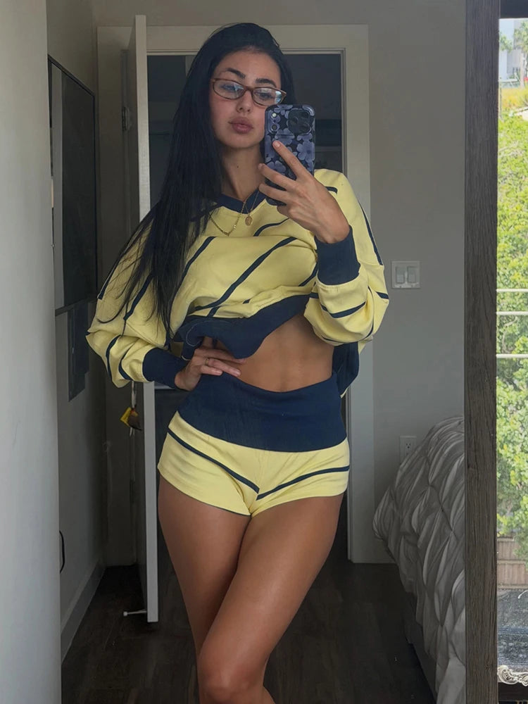 Sporty Stripes 2 Piece Set Women Color Blocking Trend Full Sleeve V-Neck T-Shirt+Bike Short Fashion Simple Streetwear