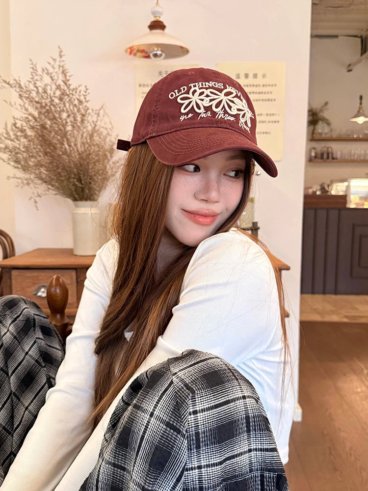 Vintage Washed Cotton Baseball Cap with Cute Flower Embroidery