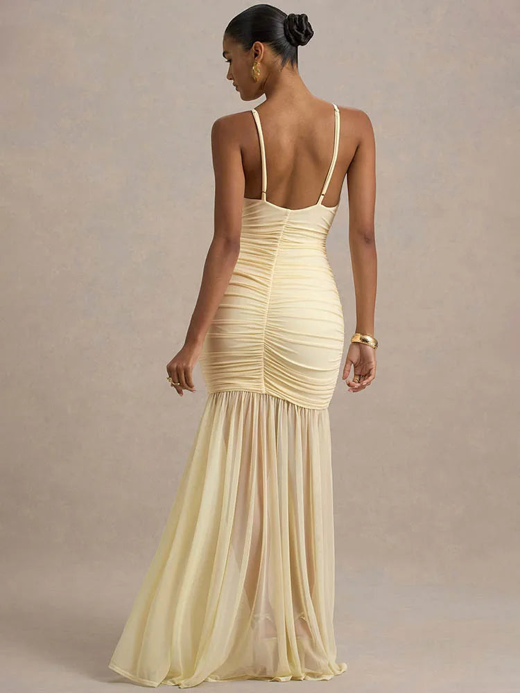 Spaghetti Strap Backless Sexy Maxi Dress Women Gown Fashion Patchwork Off-shoulder V Neck Ruched Pleated Party Dress